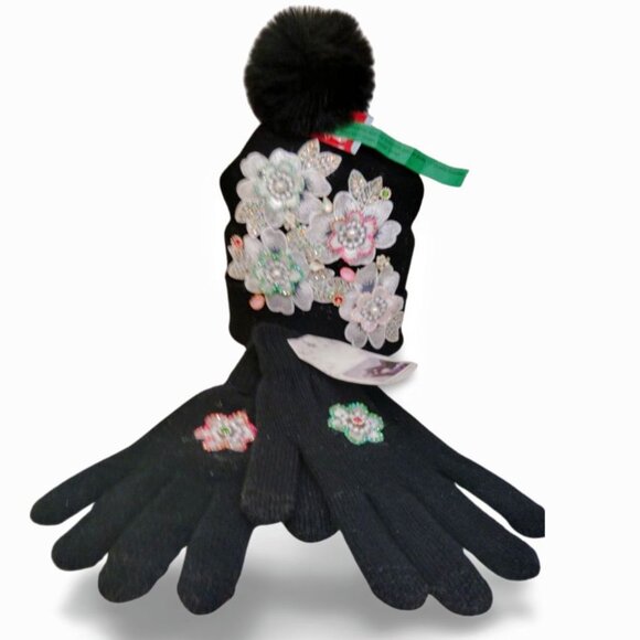 Luxe Black Knit Floral Embroidered Pink Crystal Beanie & Glove Set TT1524 - Picture 2 of 6